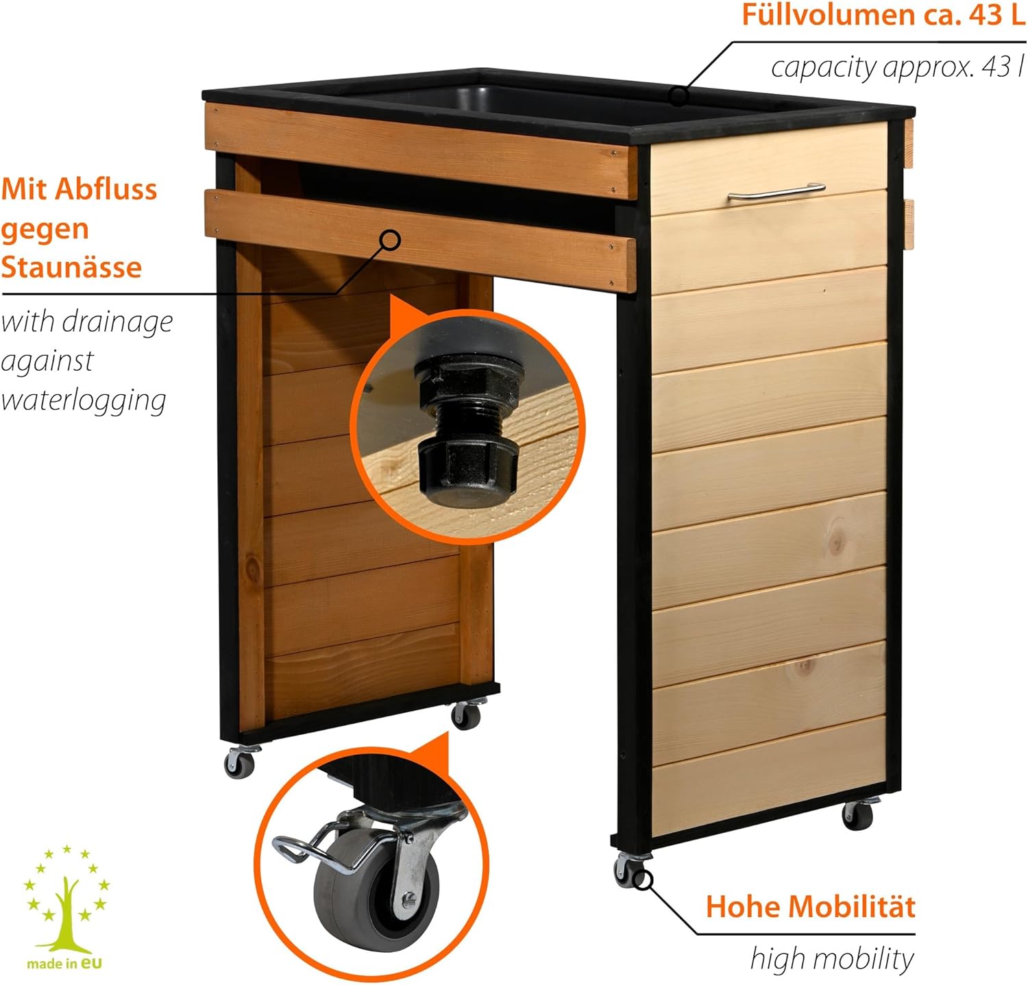 dobar Hochbeet Wheely Gr. M für Rollstuhlfahrer - Pflanzkasten aus Holz aus Rollen mit Pflanzkübel - Kräuterbeet für Indoor und Outdoor - Balkon-Hochbeet Natur