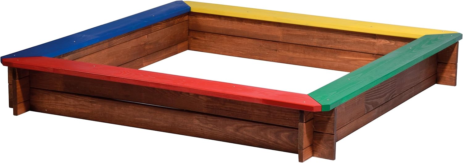 dobar green label quadratischer Sandkasten Bunte Sandkiste Holz ohne Dach Klassischer Kinder-Sandbox aus massivem Vollholz 117 x 117 x 18 cm 5-farbig