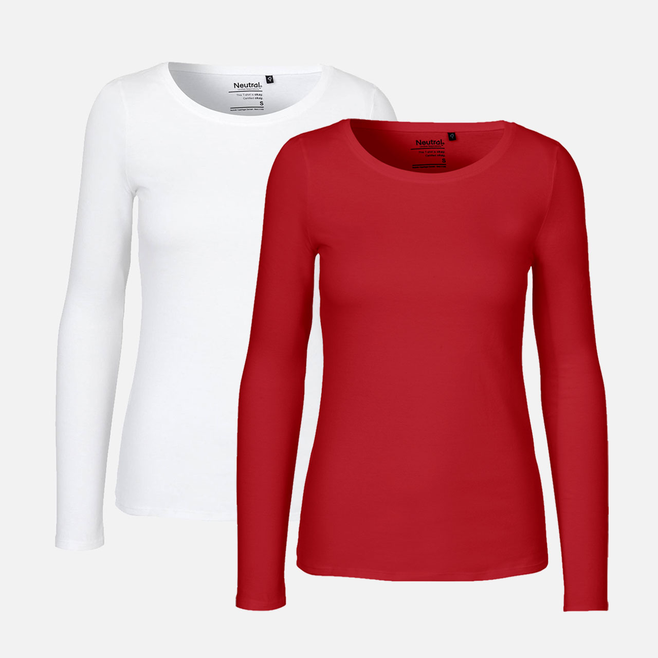 Langarmshirt, Rundhalsausschnitt, Rot, Weiß, Uni