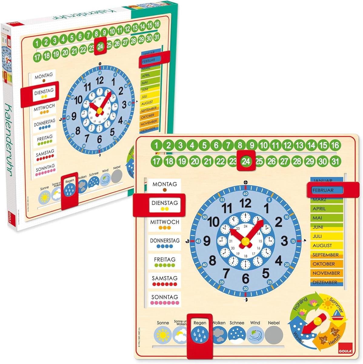 JUMBO D51309 GOULA Kalenderuhr Lernuhr für Kinder Lernspielzeug Kinderuhr Kalender Holzuhr Uhr Wochentage Monate Wetter Jahrezeiten