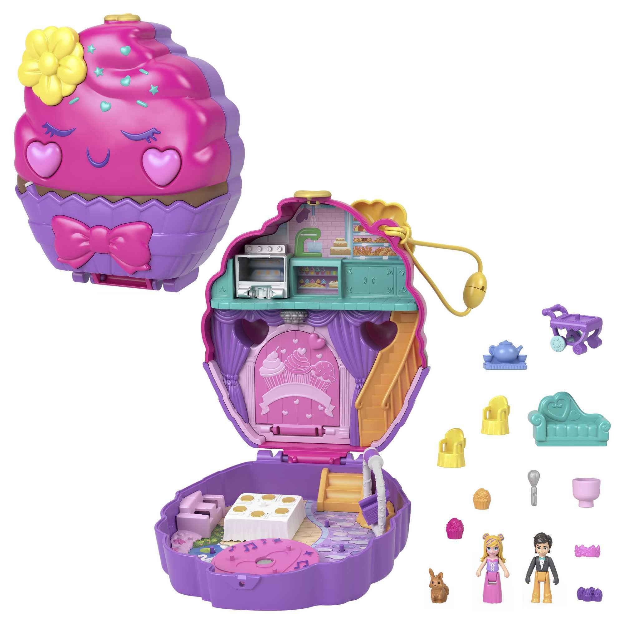 Polly Pocket Süsse Träume Cupcake Schatulle - Handgelenkband, 2 Puppen, 5 Spielelemente, 13 Accessoires, für Kinder ab 4 Jahren, HKV31