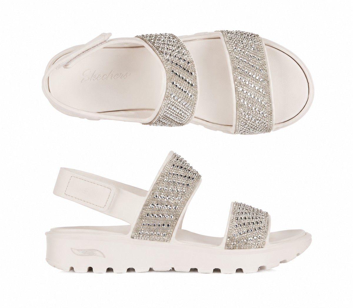 Sandalen, Glitzerbänder, Zweierriemen, Plateausohle, Beige