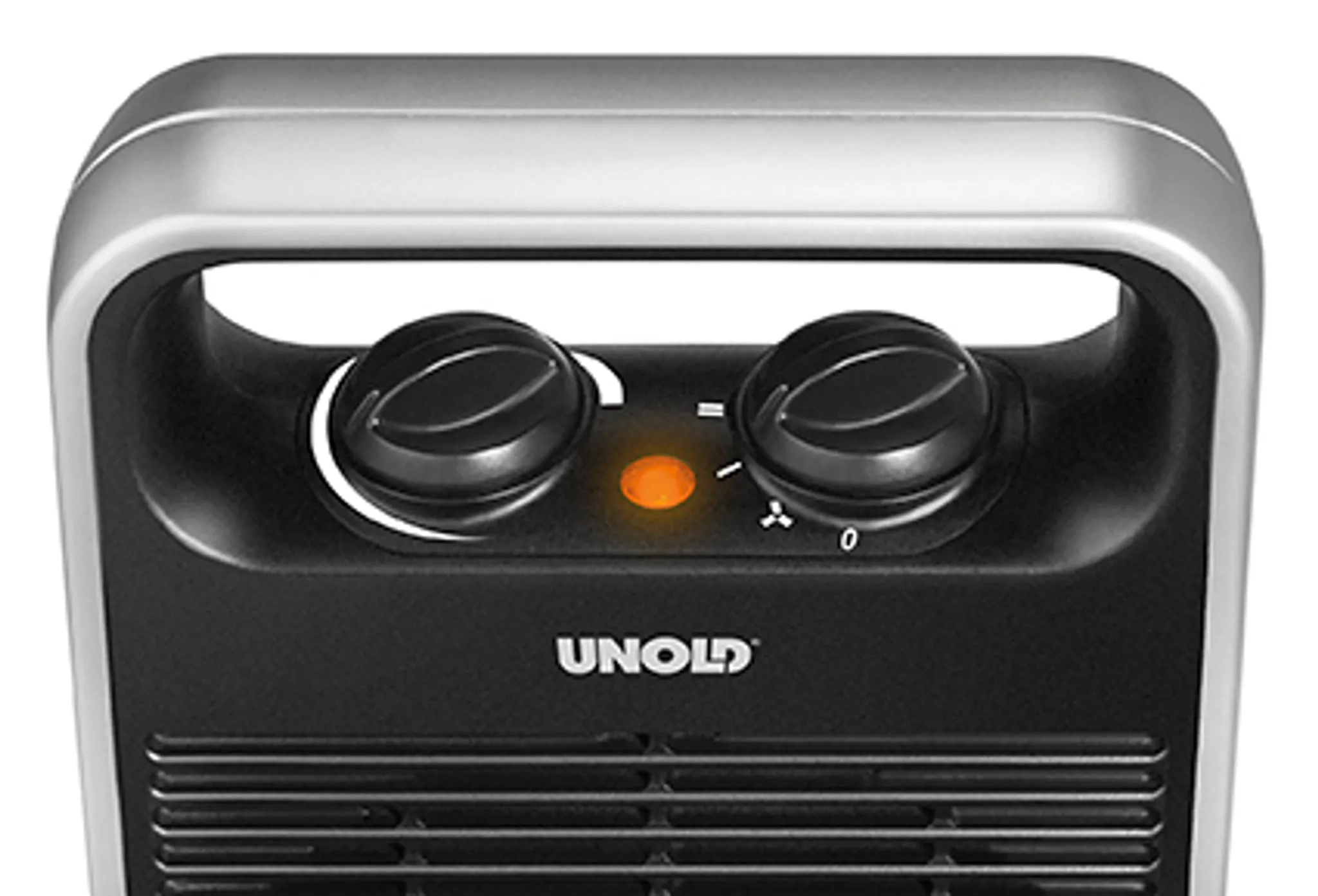 Unold Heizlüfter Handle - Schwarz/Silber 1000 Watt 4 Stufen-Schalter Ventilatorfunktion Warmluft Heißluft leicht und leise Tragegriff