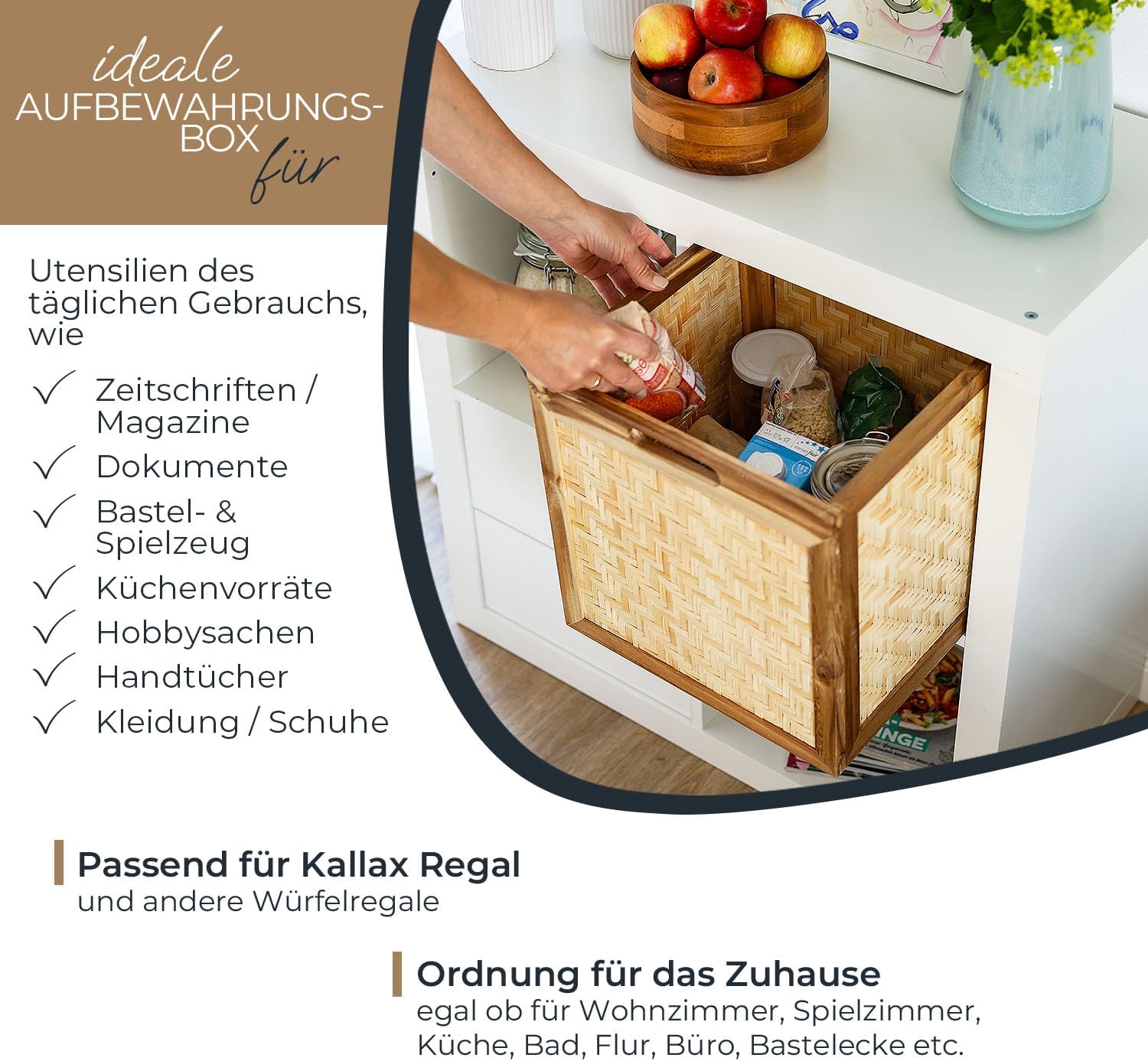 HMF Aufbewahrungskorb passend für Kallax Regale Korb aus Rattan mit Wiener Geflecht und Akazienholz 32 x 34 x 32 cm