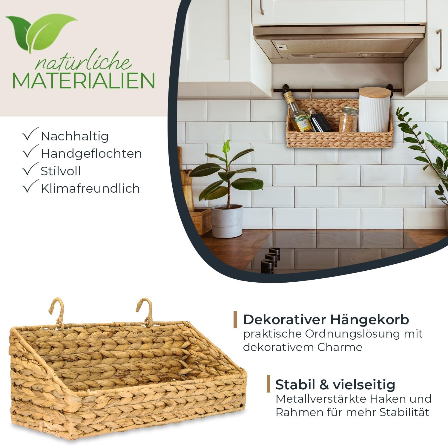 HMF Hängekorb geflochten aus nachhaltiger Wasserhyazinthe Aufbewahrungskorb zum Aufhängen 40 x 15 x 15 cm