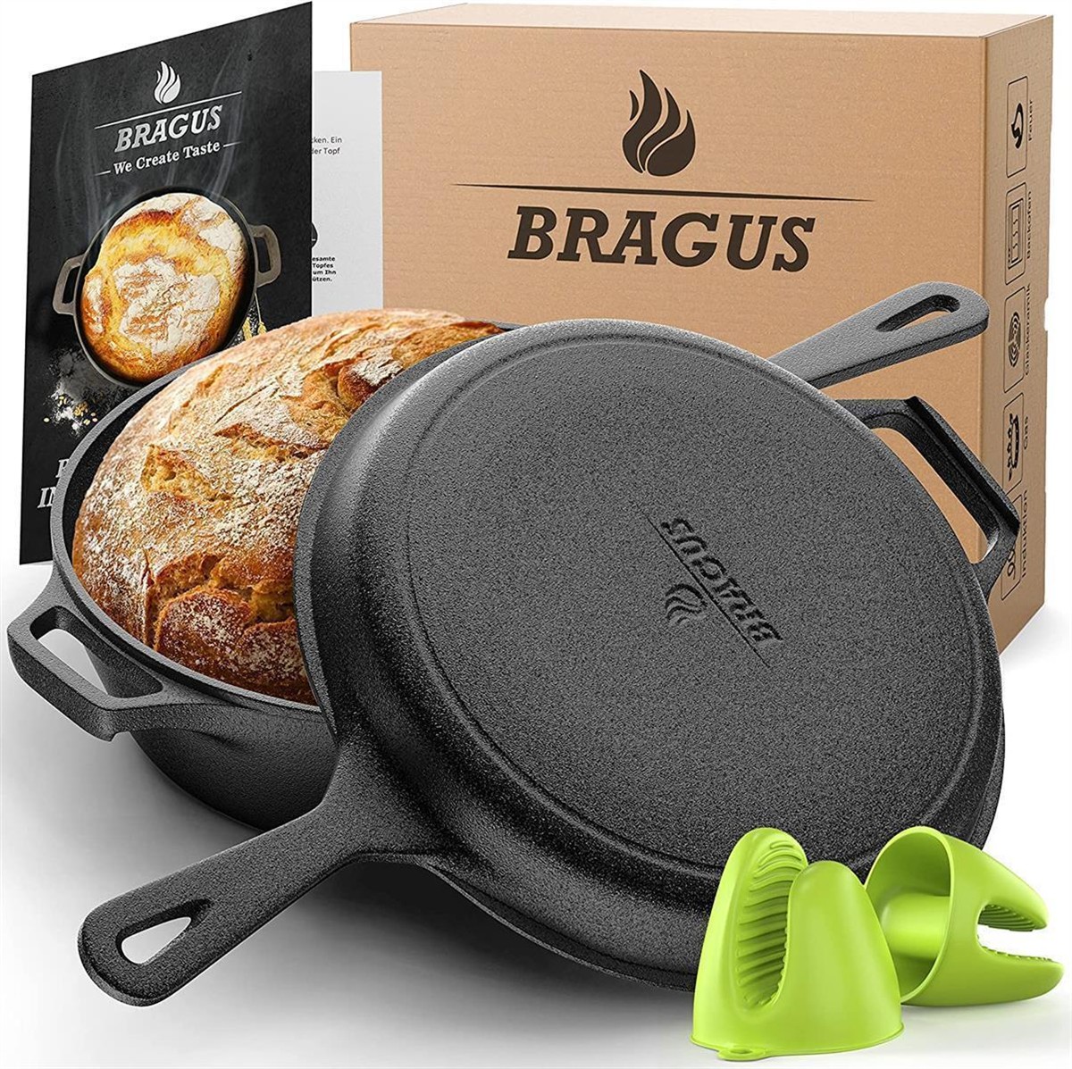 Gusseisenpfanne, Bräter, Backofenform, Deckelpfanne, Grillhandschuhe