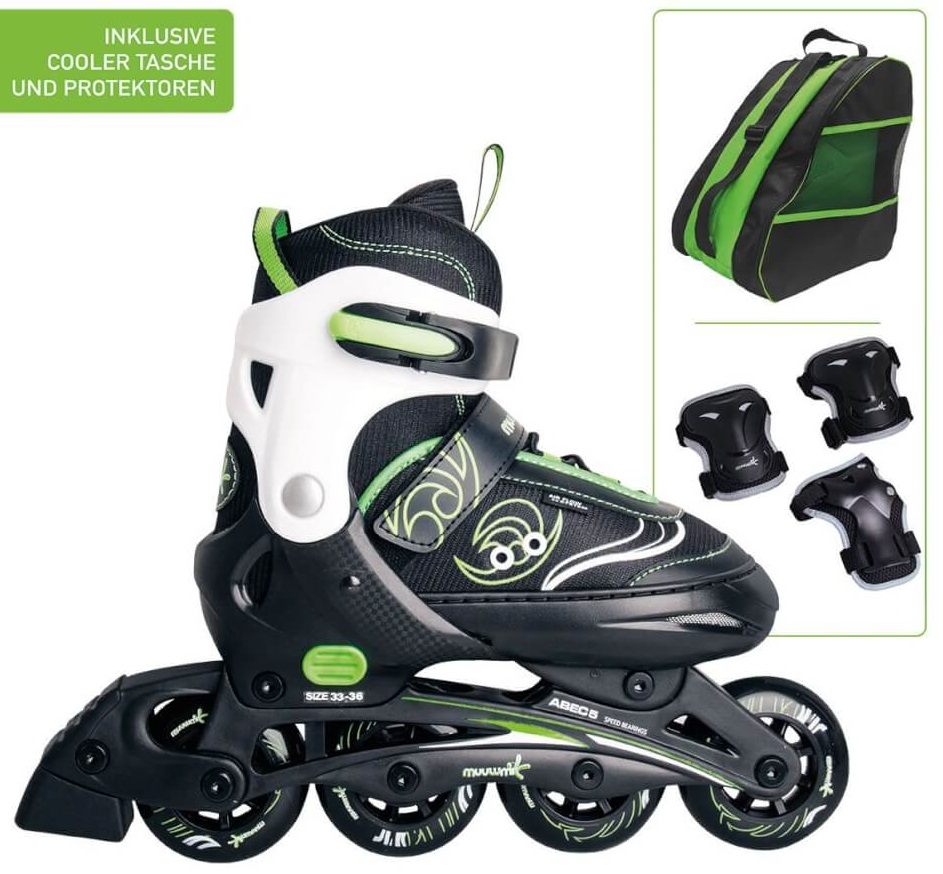 Muuwmi 683 Inlineskates verstellbar schwarz grün Größe 37-40 Inliner Rolleskates mit Tasche und Protektoren