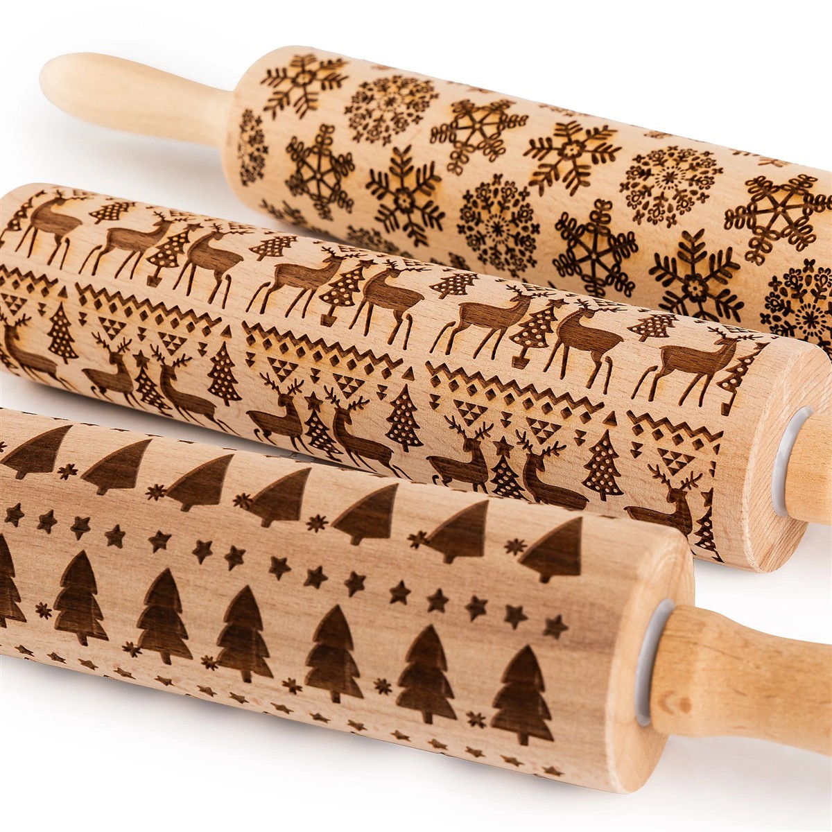 Holzrolle, Ausstechrolle, Weihnachtsmuster, Winterdeko, Stempel