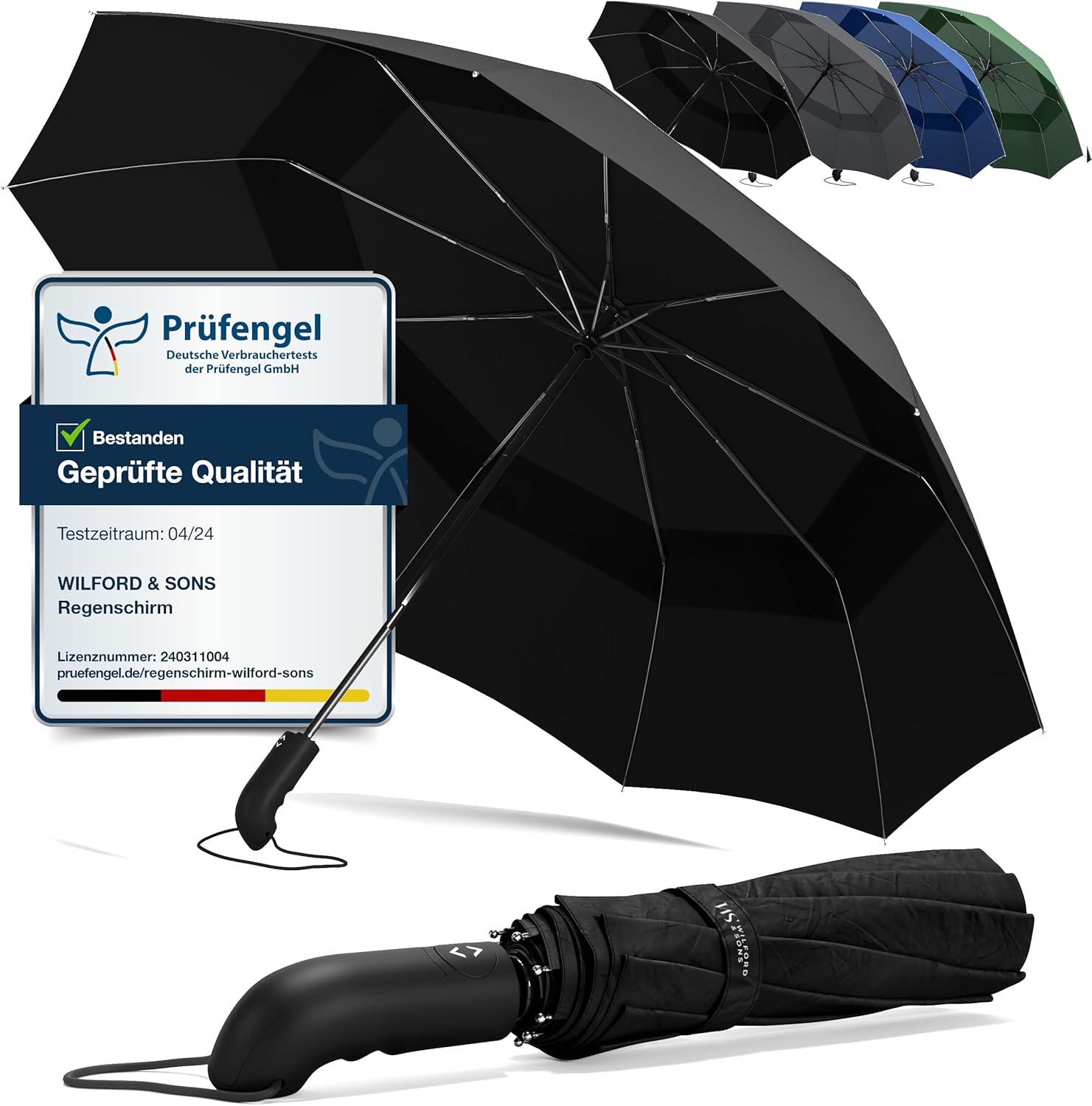 Wilford & Sons Regenschirm Taschenschirm Sturmfest + Auf-Zu Automatik Reiseschirm Taschenregenschirm Golfschirm Umbrella schwarz