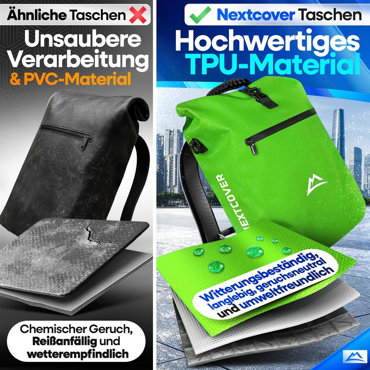 Nextcover NEU 3in1 Fahrradtasche für Gepäckträger PVC frei - Gepäckträgertasche Fahrradtasche Rucksack und Umhängetasche 25L Fahrrad Tasche wasserdicht Fahrradtaschen Gepäckträger