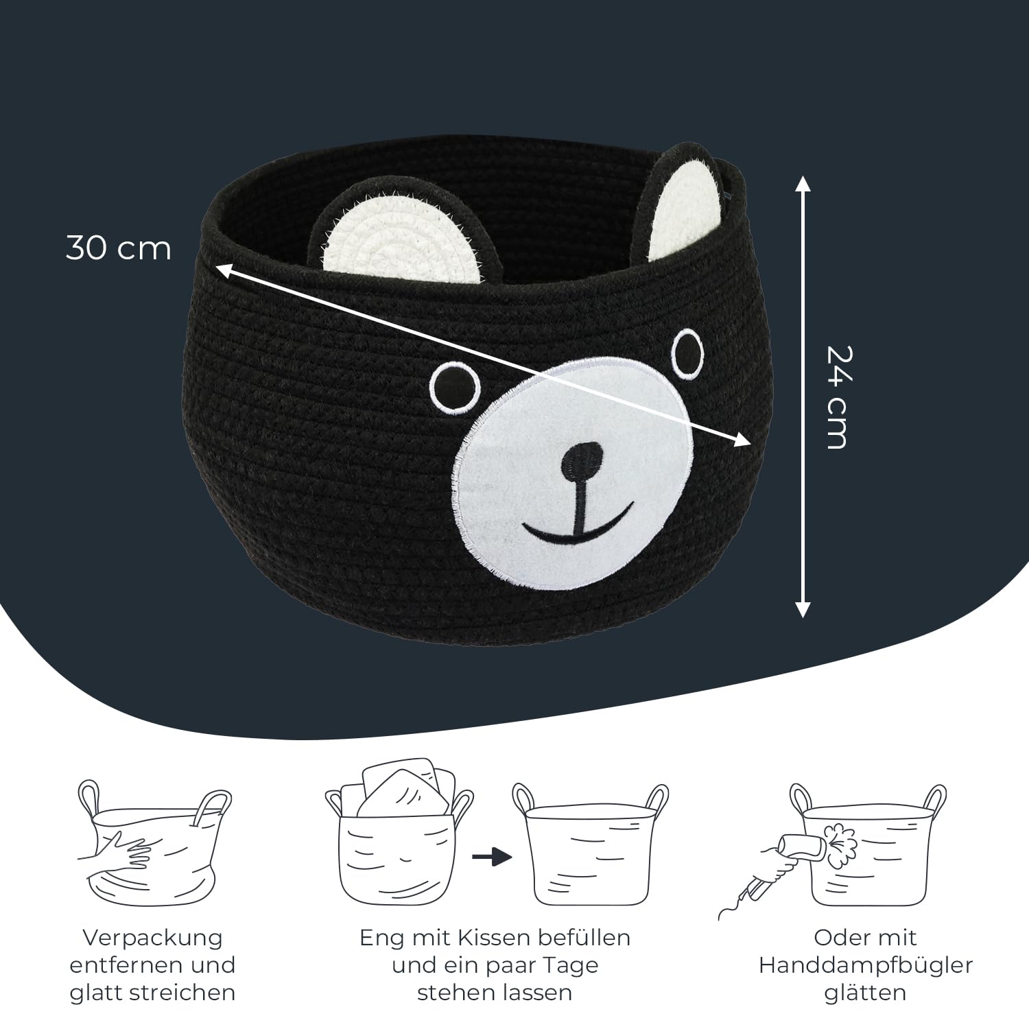HMF Aufbewahrungskorb mit versteckten Griffen Korb für Kinderzimmer aus Baumwolle Bär 30 x 24 cm Schwarz