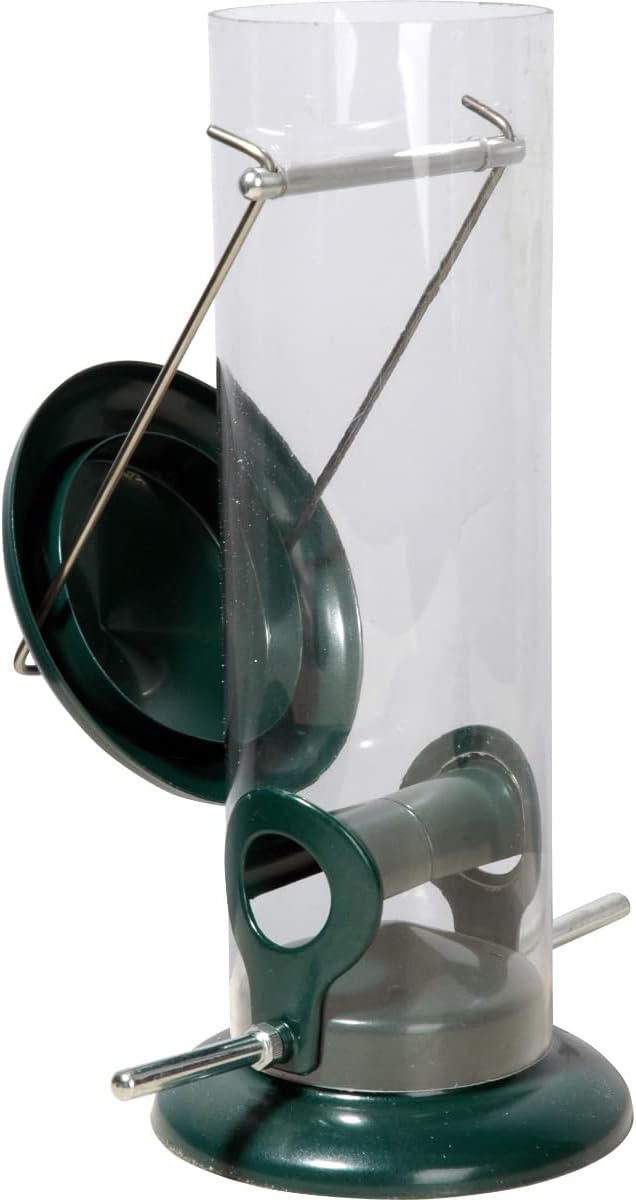 dobar Kompakte Vogelfuttersäule mit Anflugstangen - Wildvogelfutterspender für Sämereien - Vogelfutterstation Metall - Futterspender in Garten/Terrasse/Balkon - Ø 9,5 x 23 cm - Grün