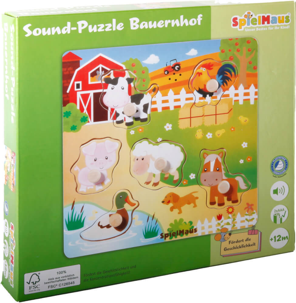 Spielmaus 60453403 Sound Holzpuzzle Bauernhof Tiere Holz