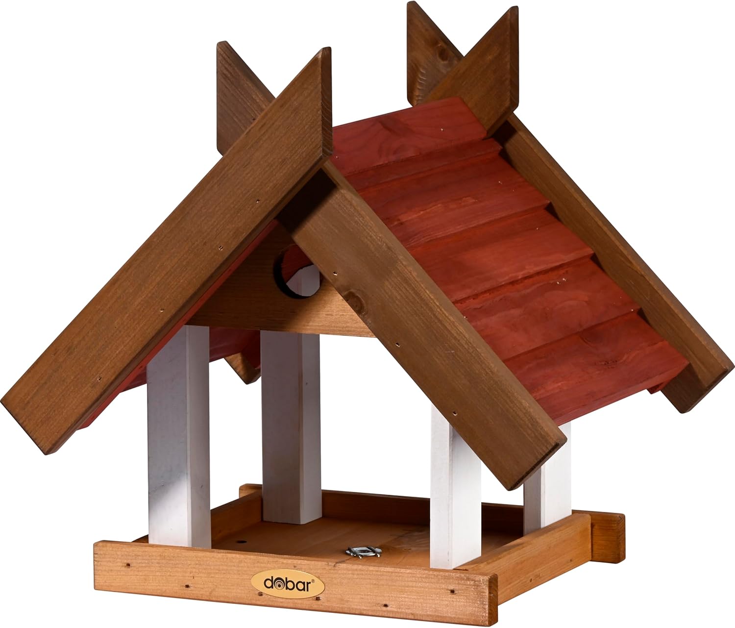 dobar Green Label Großes Vogelhaus Herbstfrüchte für Ständermontage - Futterstation für Wildvögel mit großem Futtertablett Wildvogelfutterplatz - 36 x 28,5 x 33,5 cm  Braun/Rot/Weiß