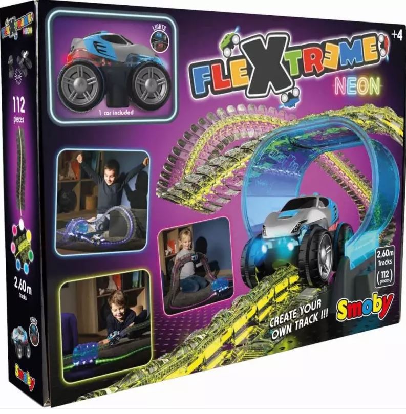 Smoby Toys FleXtreme Neon Kinder Rennbahn flexible Autorennbahn Licht Effekte Spielzeug-Set Auto Schienen Teile Tunnel