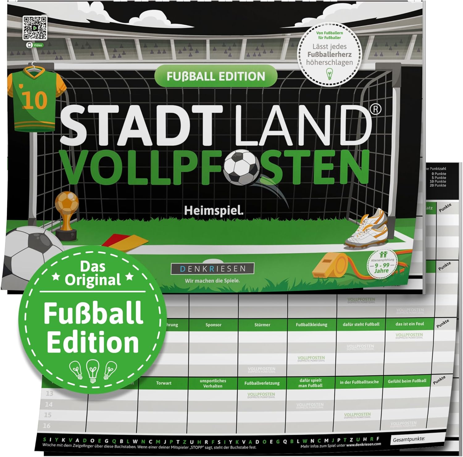 DENKRIESEN - Stadt Land VOLLPFOSTEN - Fußball Edition - 'Heimspiel.' - DIN A4 Spielblock | ab 9 Jahren | 50 Blatt Fußballfans Quizspiel Partyspiel Geschenkidee