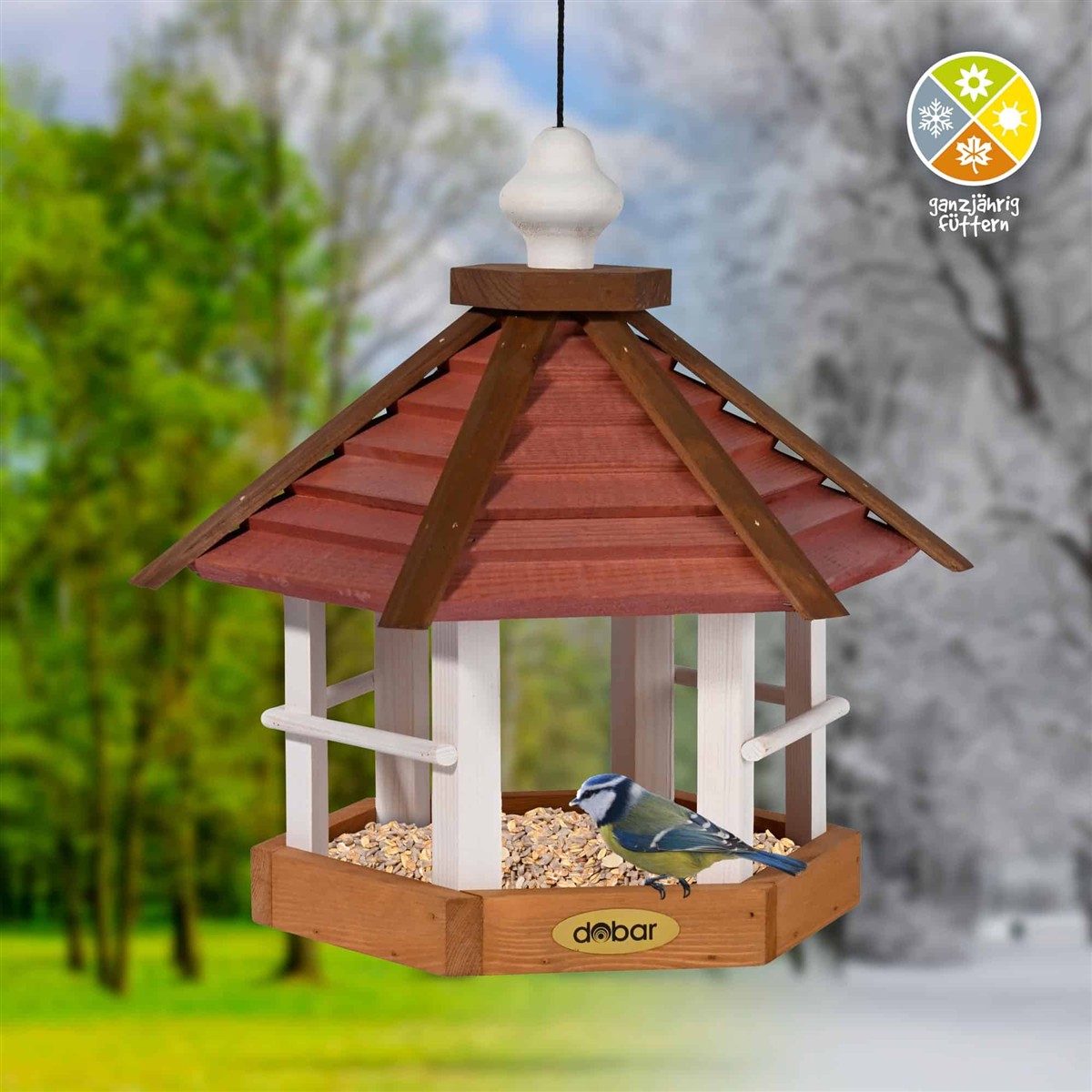 Dobar Vogelhaus "Herbstfrüchte" wetterfest – 6-eckiges Futterhaus mit Aufhängung