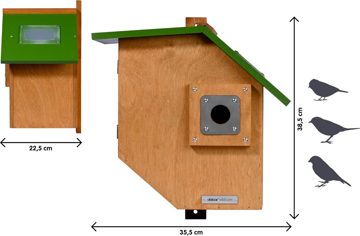 dobar Großer Nistkasten Flachdach aus Holz inklusive HD WiFi-Kamera und App mit austauschbaren Einfluglöchern - 35,5 x 22,5 x 38,5 cm  Grün-Braun