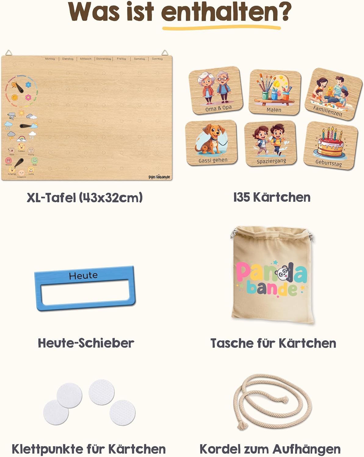 Wochenplaner-Tafel, Holzoptik, Aktivitätskarten, Heute-Schieber, Aufhängeschnur