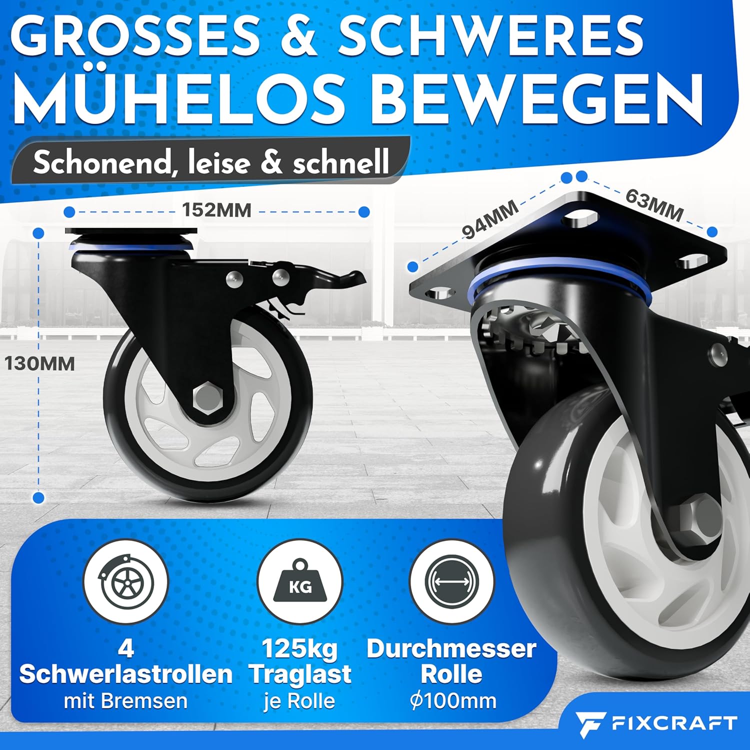 FIXCRAFT 4x Schwerlastrollen mit Bremse Möbelrollen Transportrollen 100mm