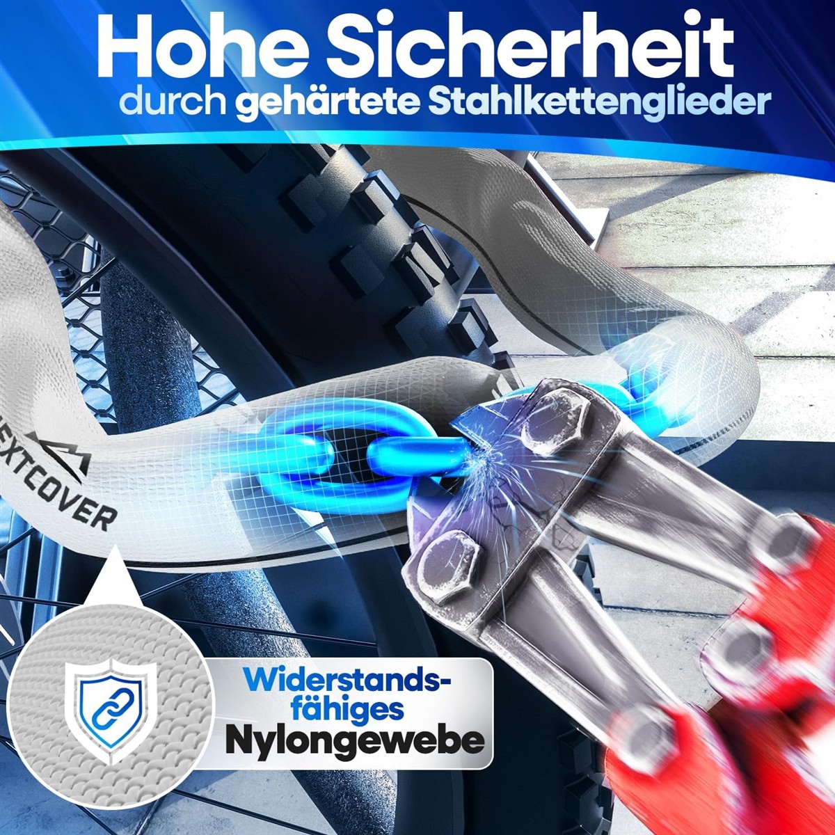 Nylon weave, Hardened steel chain, Lock, Bolt, Instruction