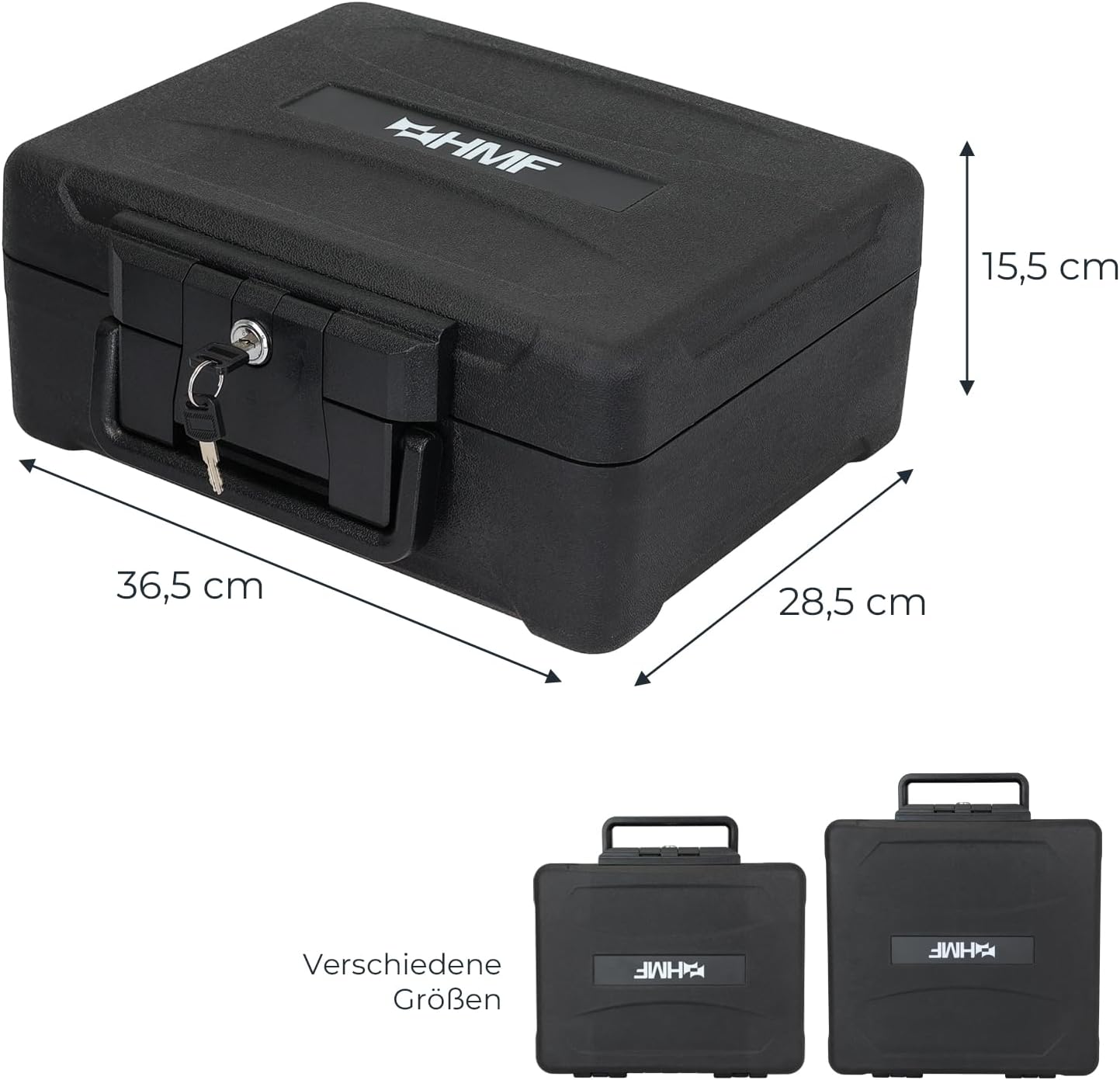 HMF Feuerfeste Dokumentenbox DIN A4 wasserdichte Geldkassette abschließbar 36,5 x 32 x 15,5 cm Schwarz #2517
