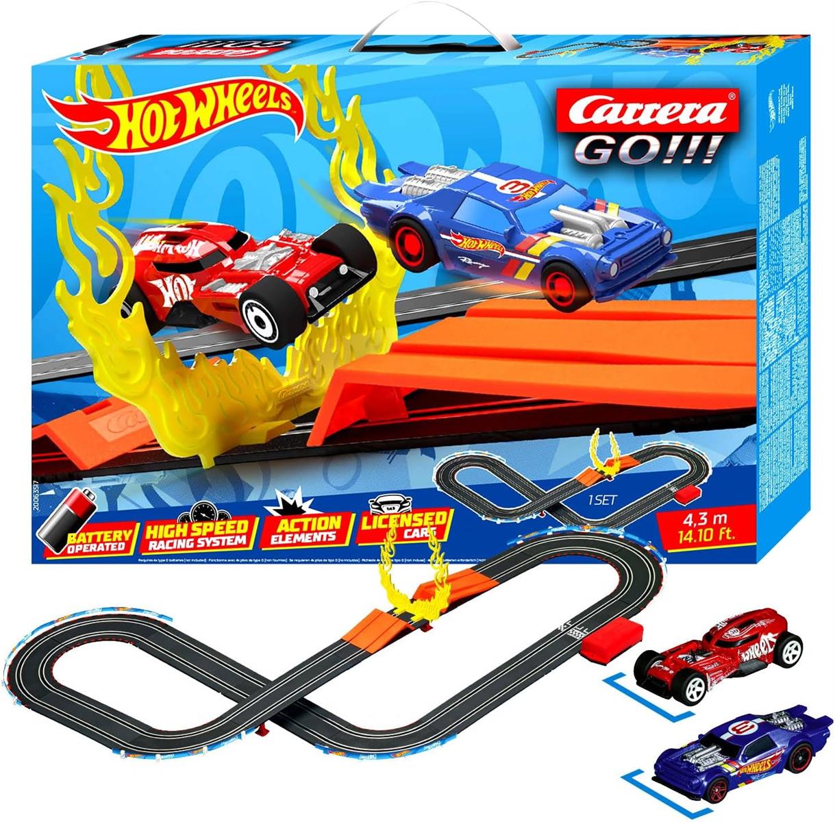 Mattel 20063517 Carrera Go Hot Wheels Rennbahn Set Duell Night Shifter HW50 Concept Sprungschanze mit Feuerring 1:43 Autorennbahn