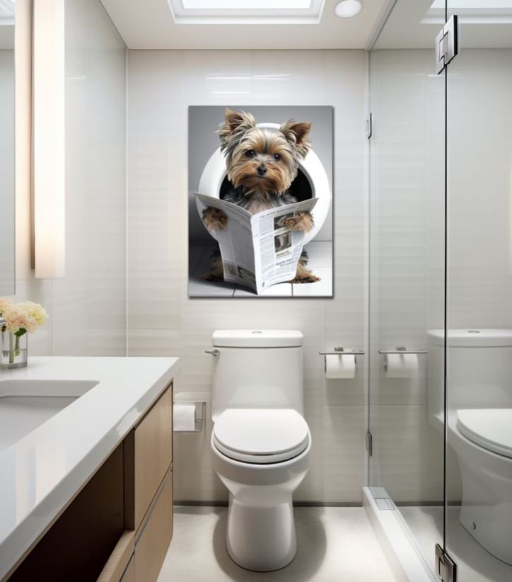 Wandbild Yorkshire Terrier auf Toilette 30x40cm HDF