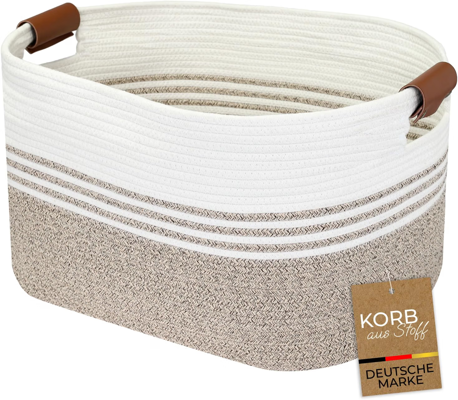 Aufbewahrungskorb, geflochtener Korb, weißes Leinen, beige unten, Ledergriffe
