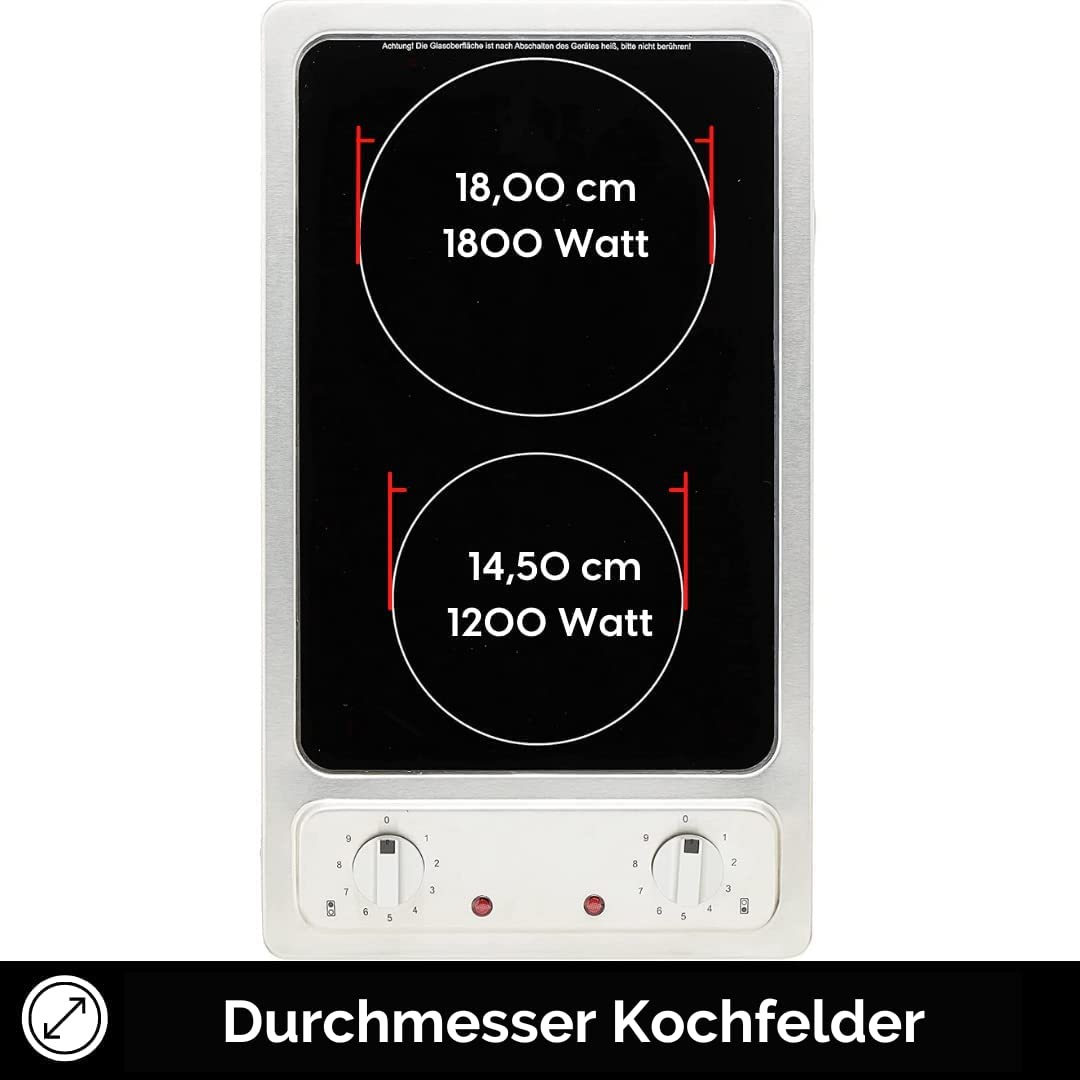 PKM EB-GK-2R Kochfeld Doppelkochplatte Autark Glaskeramik | Restwärmeanzeige Knebel Bedienung Edelstahlrahmen 3000 Watt