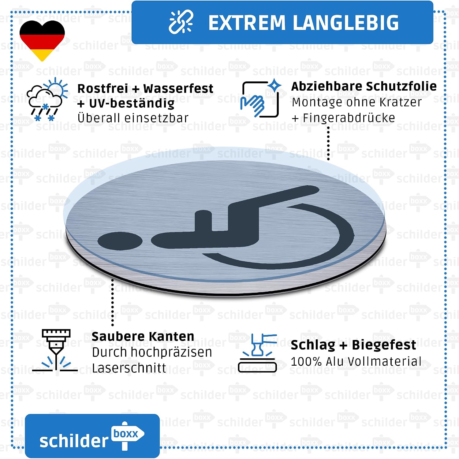Aluminiumschild, Rund, Silberfarben, Gebürstetes Metall, Wasserfest