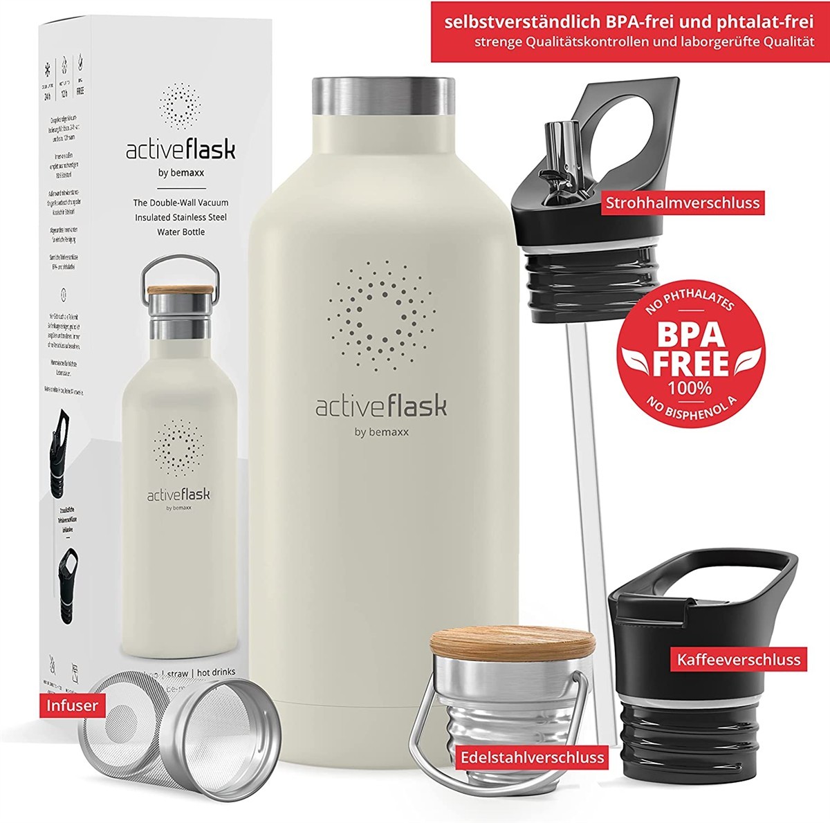 wasserflasche, flasche, stainless steel, bambusdeckel, infuser