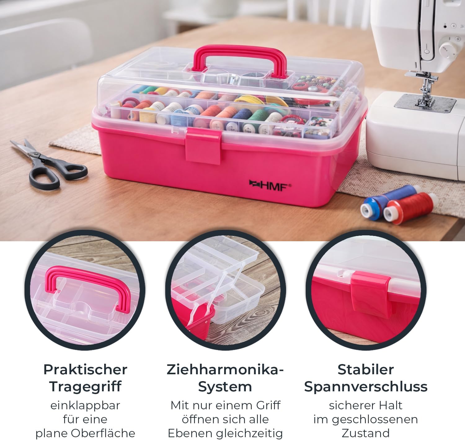 HMF Nähkasten aufklappbar mit 3 Ebenen Sortierbox für Kleinteile 36,5 x 20,5 x 16 cm Pink