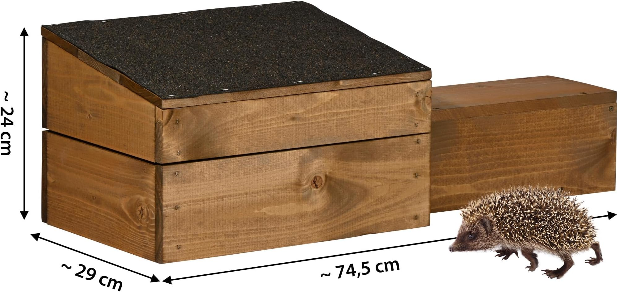 Igelhaus, Holz, braun, Bitumendach, Seiteneingang