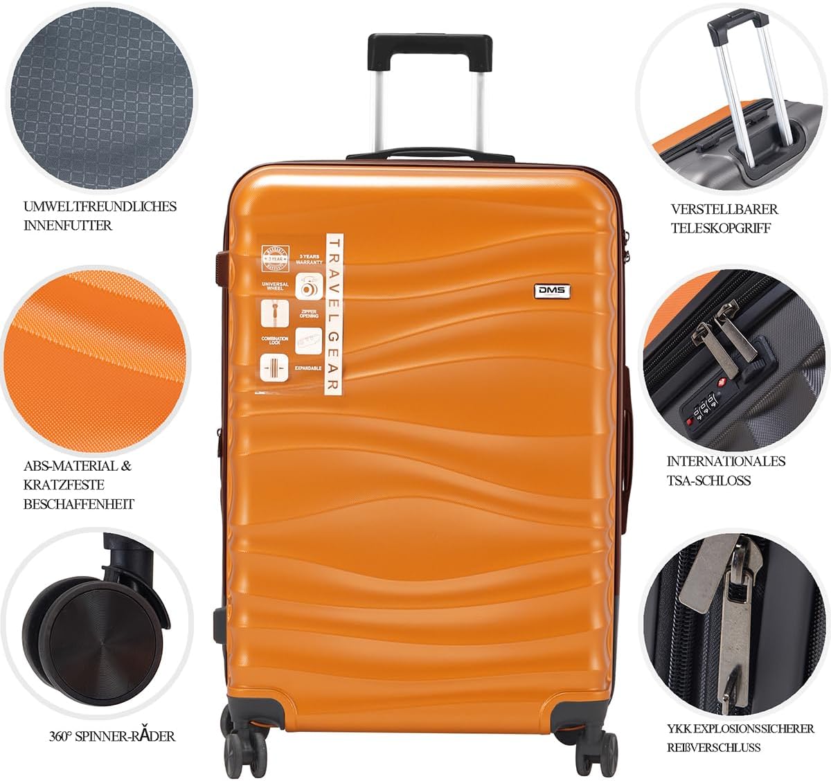 DMS 7-teiliges Hartschalen-Kofferset mit Teleskopgriff und 4 Rollen Koffer & Trolleys Reisekoffer Hauptstadtkoffer Set ABS Hard Shell Sicherheitsschloss (Orange)