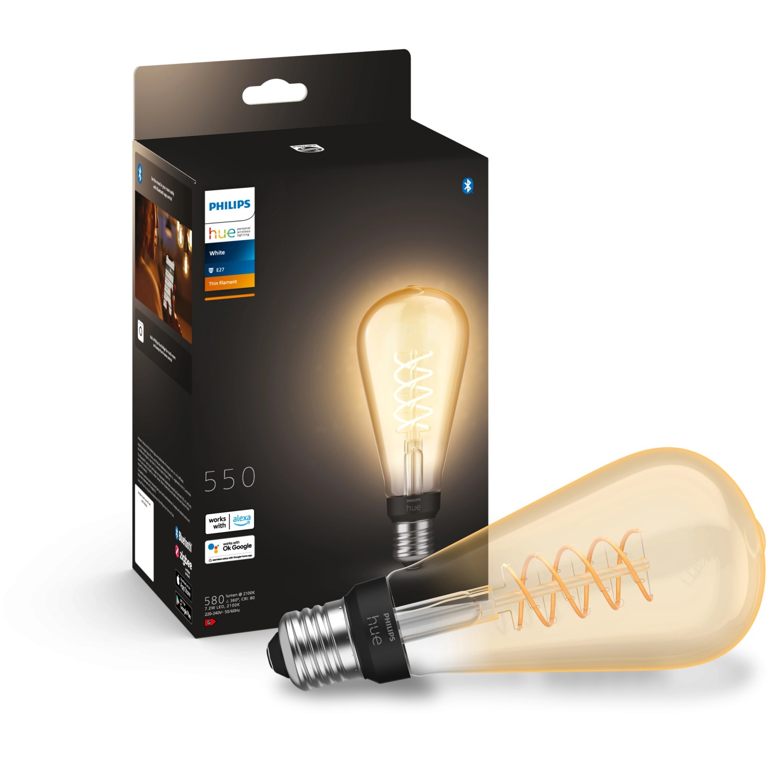 Philips Hue LED Leuchtmittel E27 Einzelpack White ST72 Filament 550 lm