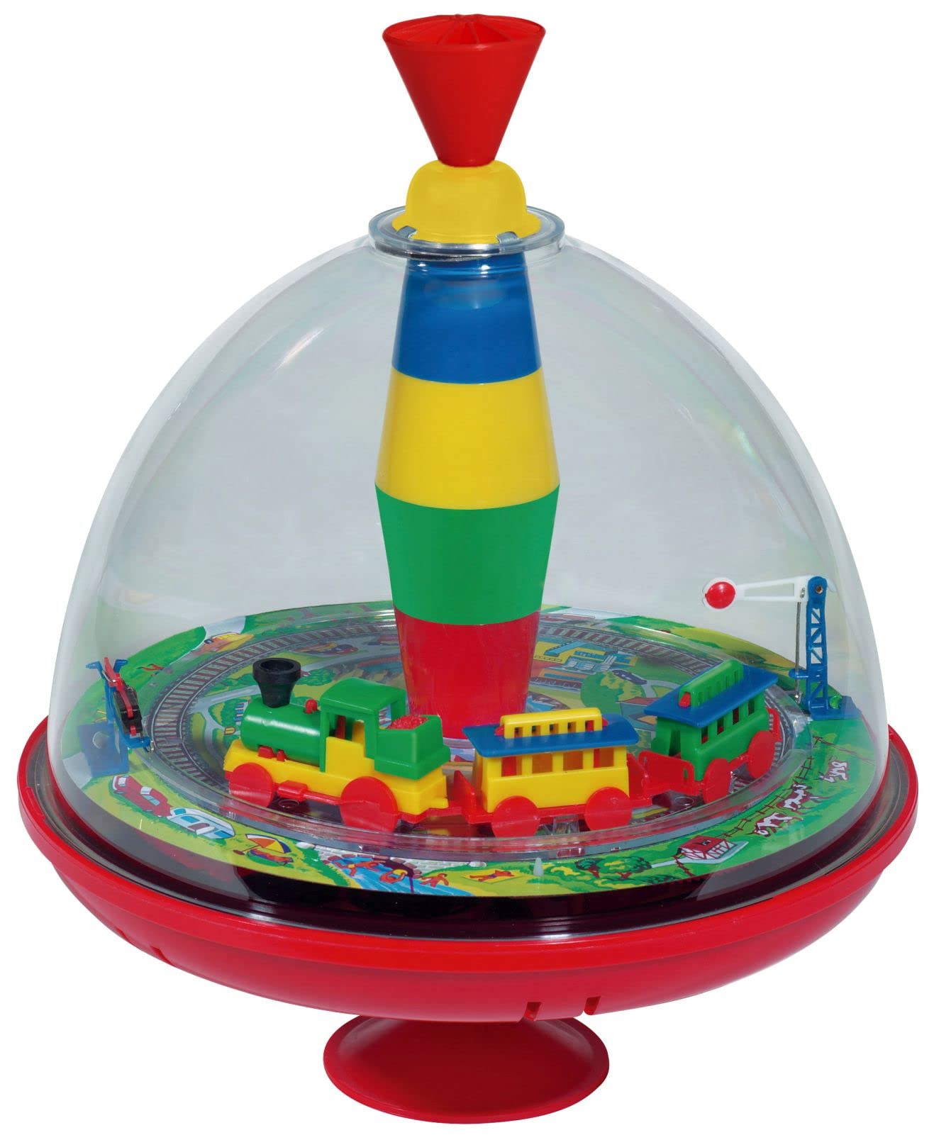 Lena 52120 - Panoramakreisel Eisenbahn Ø 19 cm, Kunststoff Schwungkreisel, klassischer Pumpkreisel, Musikkreisel mit Lokomotive, Kreisel mit Standfuss, Spielzeugkreisel für Kinder ab 18 Monate