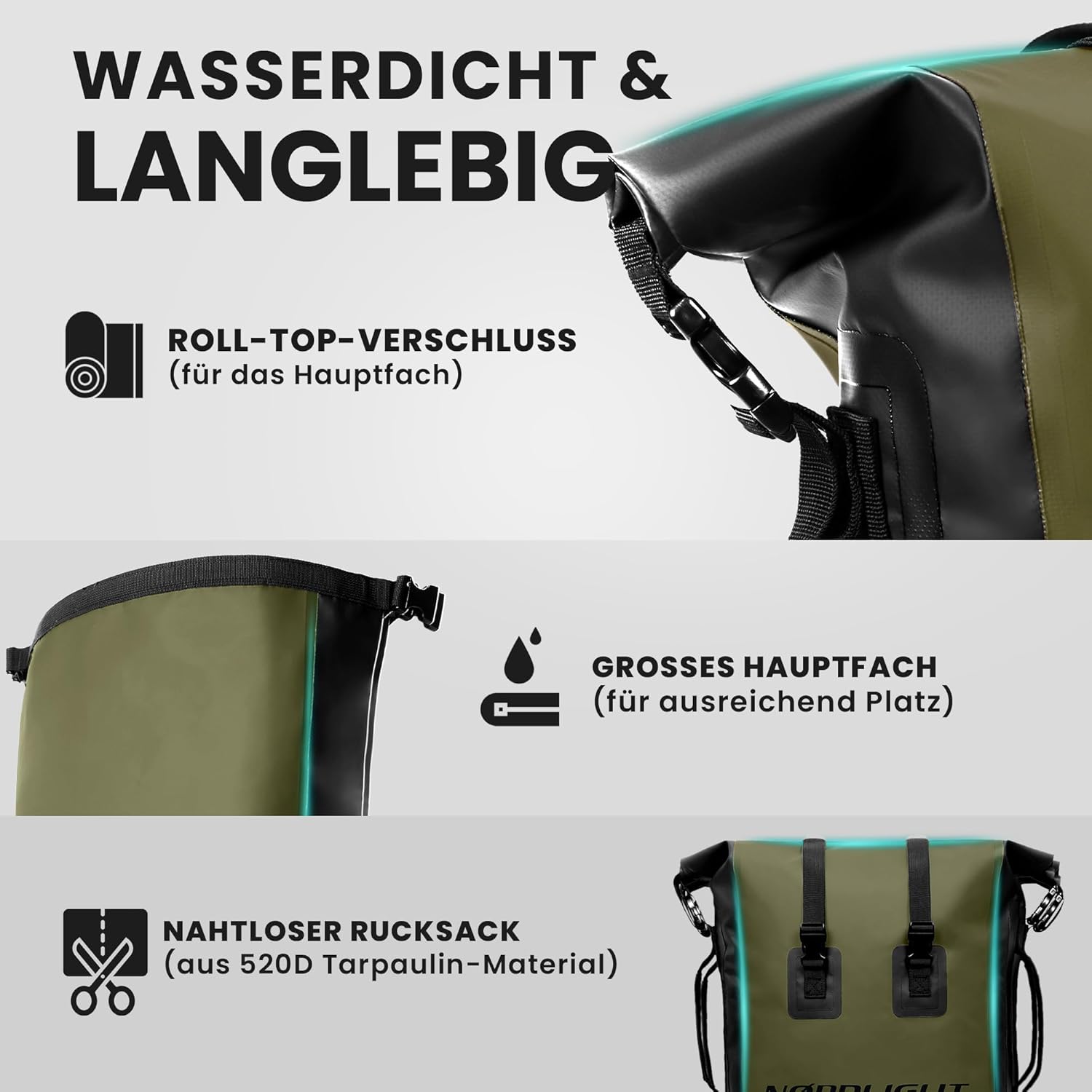 Nordlight Wasserdichter Rucksack Dry Bag 35l - Roll Top Rucksack Kurierrucksack olive