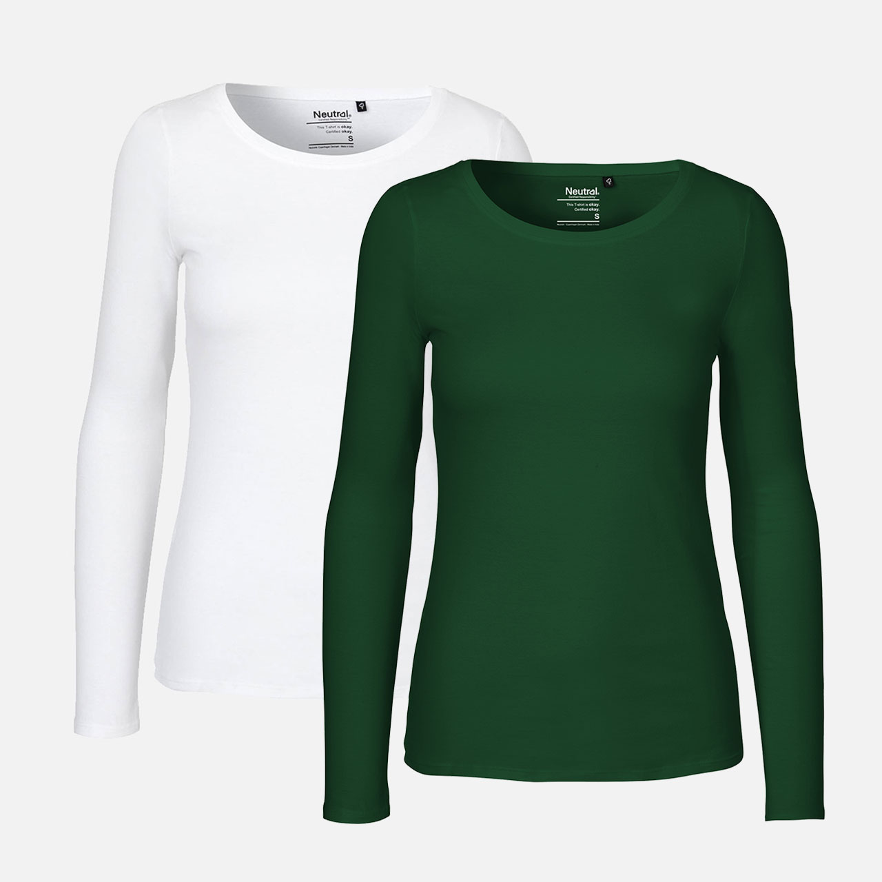 Langarmshirt, Rundhalsausschnitt, Weiß, Dunkelgrün, Uni