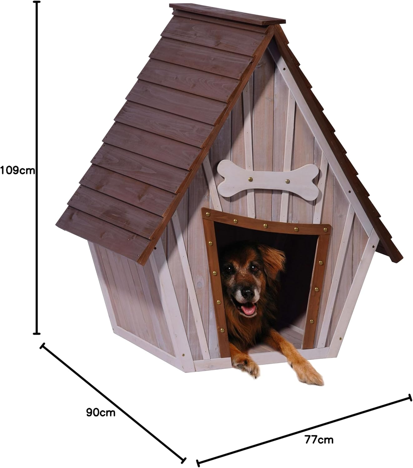 dobar Hundehütte "Hubi" - Outdoor Hundehaus Massivholz - Hundekäfig Spitzdach - Holzhütte für mittelgroße Hunde - Haustierhütte mit abnehmbarem Boden - 90 x 77 x 109 cm - Braun/Grau #DH100