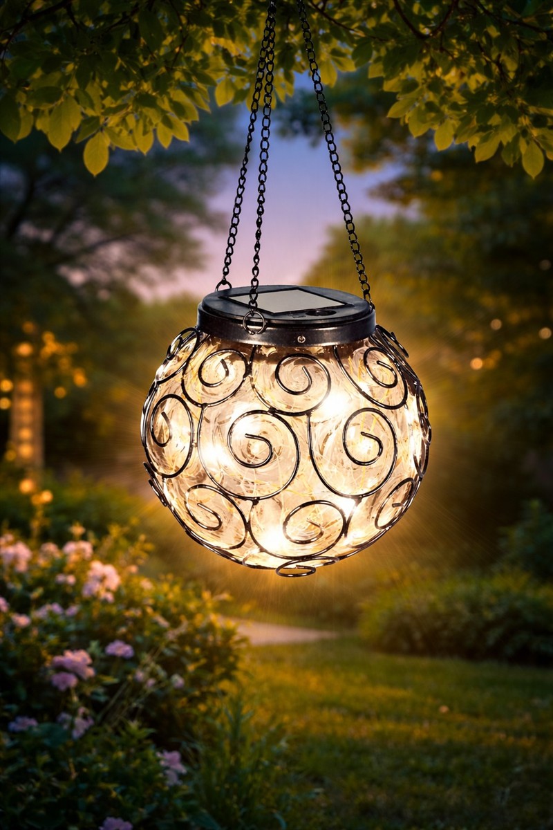 Solarleuchte, Laterne Kugel, Aufhängbares Licht, Gartenbeleuchtung, Runde Metallmuster