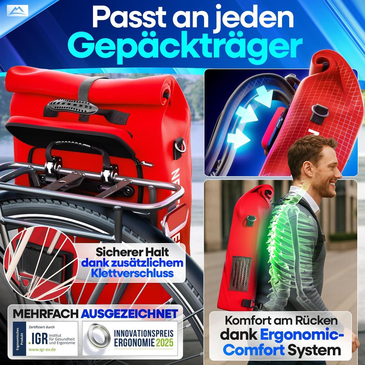 Nextcover NEU 3in1 Fahrradtasche für Gepäckträger PVC frei - Gepäckträgertasche Fahrradtasche Rucksack und Umhängetasche 25L I Fahrrad Tasche wasserdicht Fahrradtaschen Gepäckträger