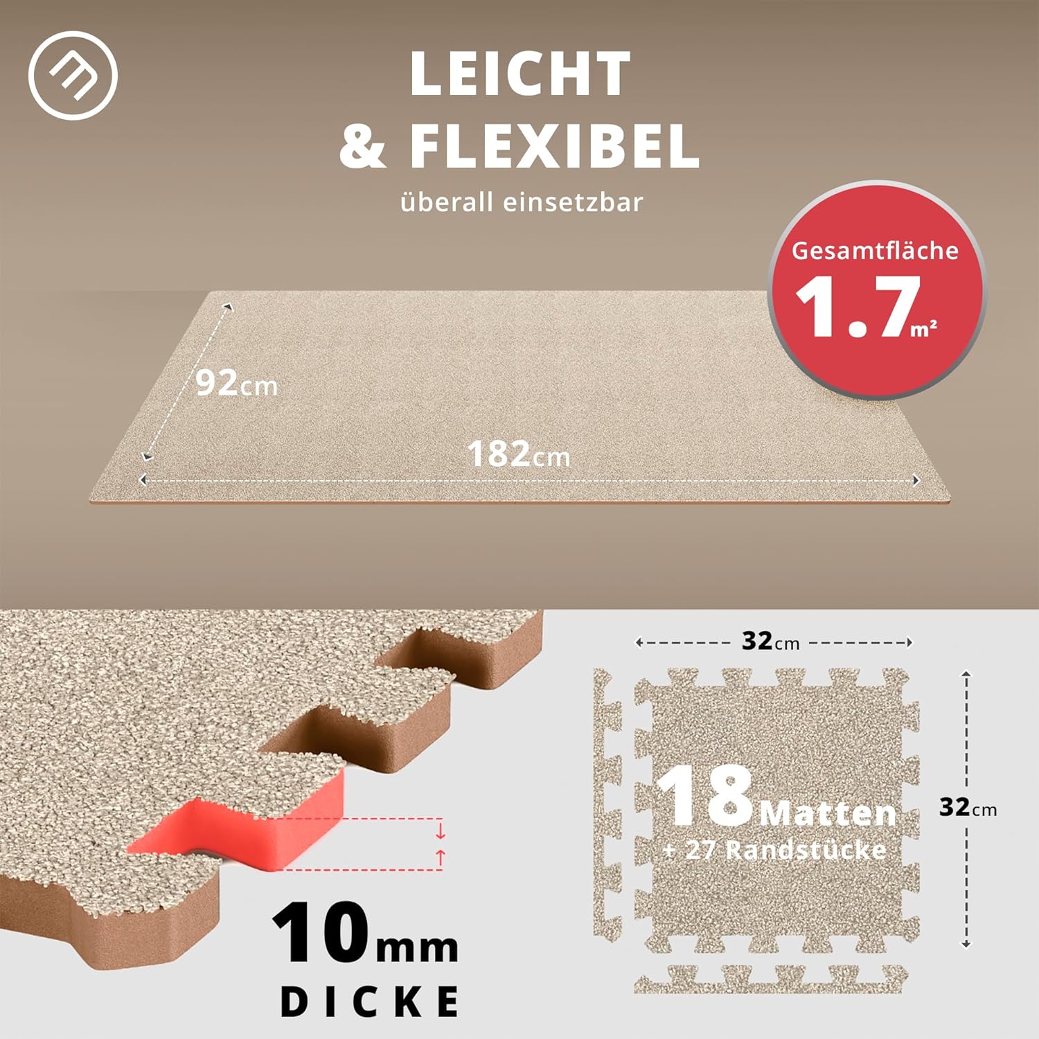 Schutzmatten 18tlg. Set Puzzlematte 30x30cm carpet cream
