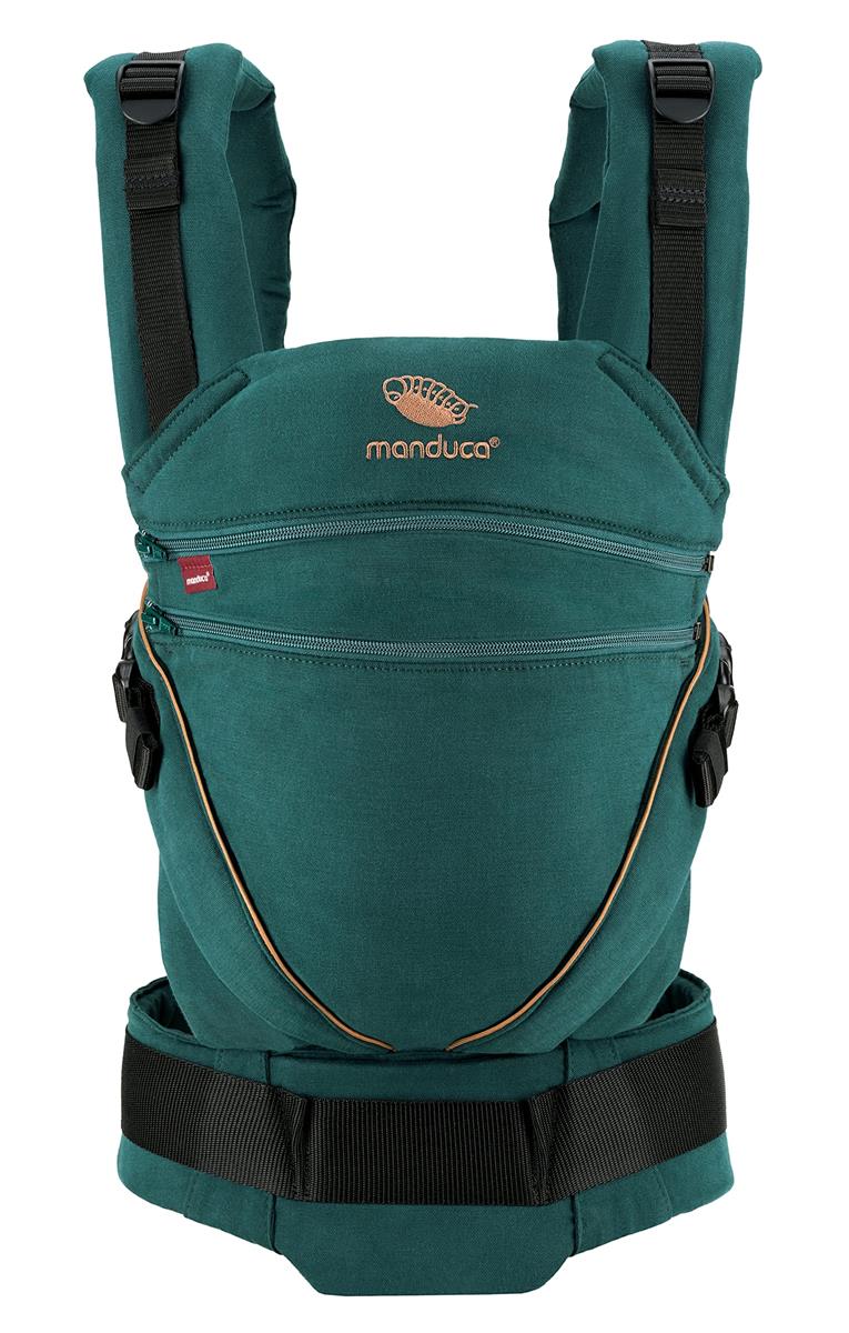 manduca Babytrage XT – All-In-One Babytrage für Neugeborene ab 3,5 kg und Kleinkinder bis 20 kg – ergonomische Kindertrage mit verstellbarem Steg – Einheitsgröße, denimteal-toffee