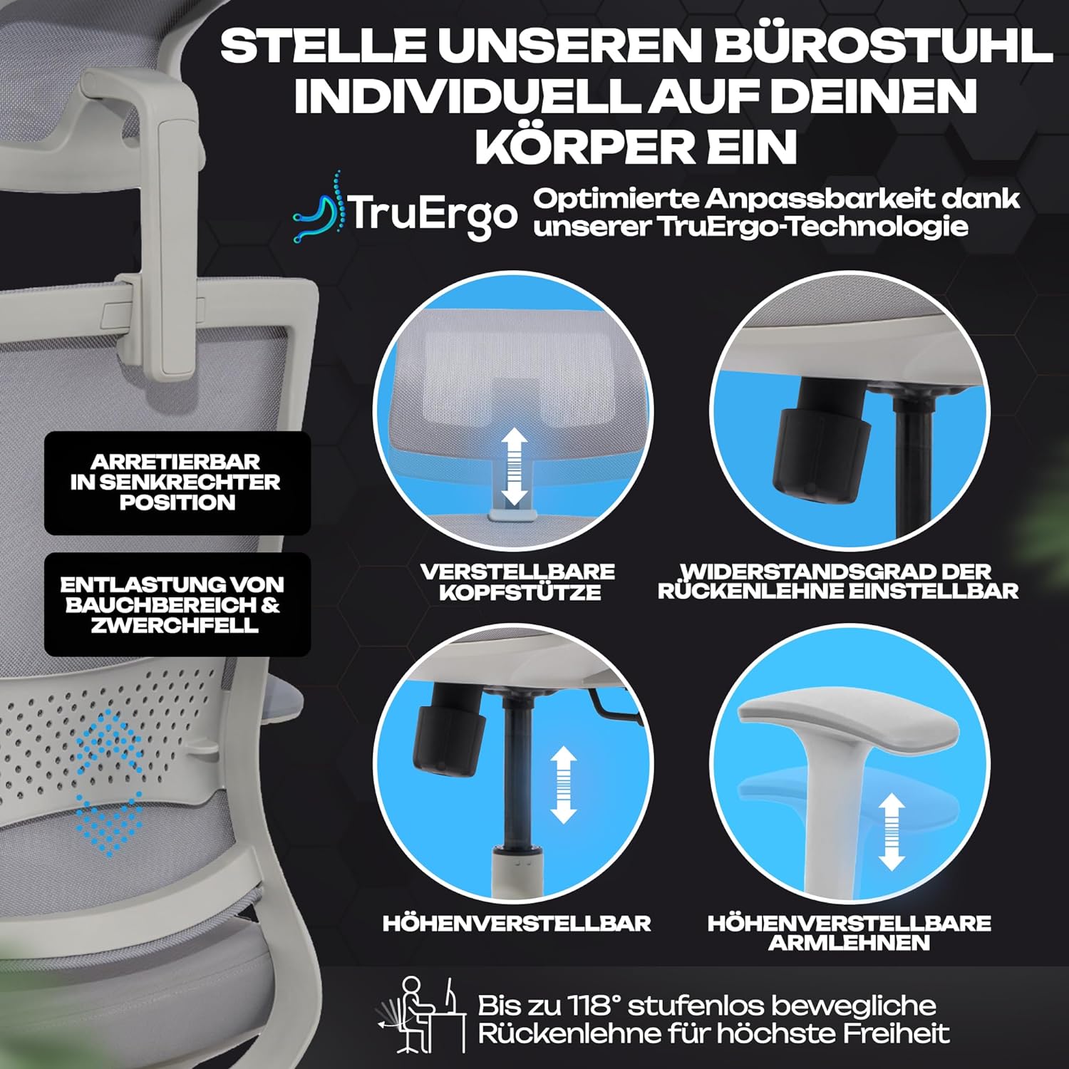 VALKENSTOL M2 Ergonomischer Bürostuhl 150 kg Schreibtischstuhl mit Kopfstütze grau