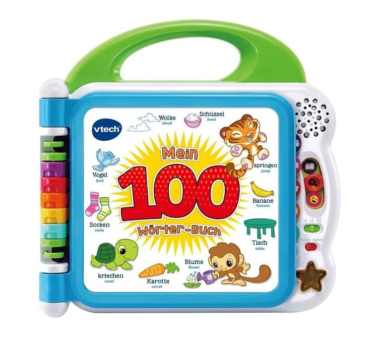 VTech 80 601504 Baby Mein 100-Wörter-Buch – Interaktives Bilderbuch zum Lernen erster Wörter mit 12 bilingualen Seiten in Deutsch-Englisch – Für Kinder von 2-5 Jahren
