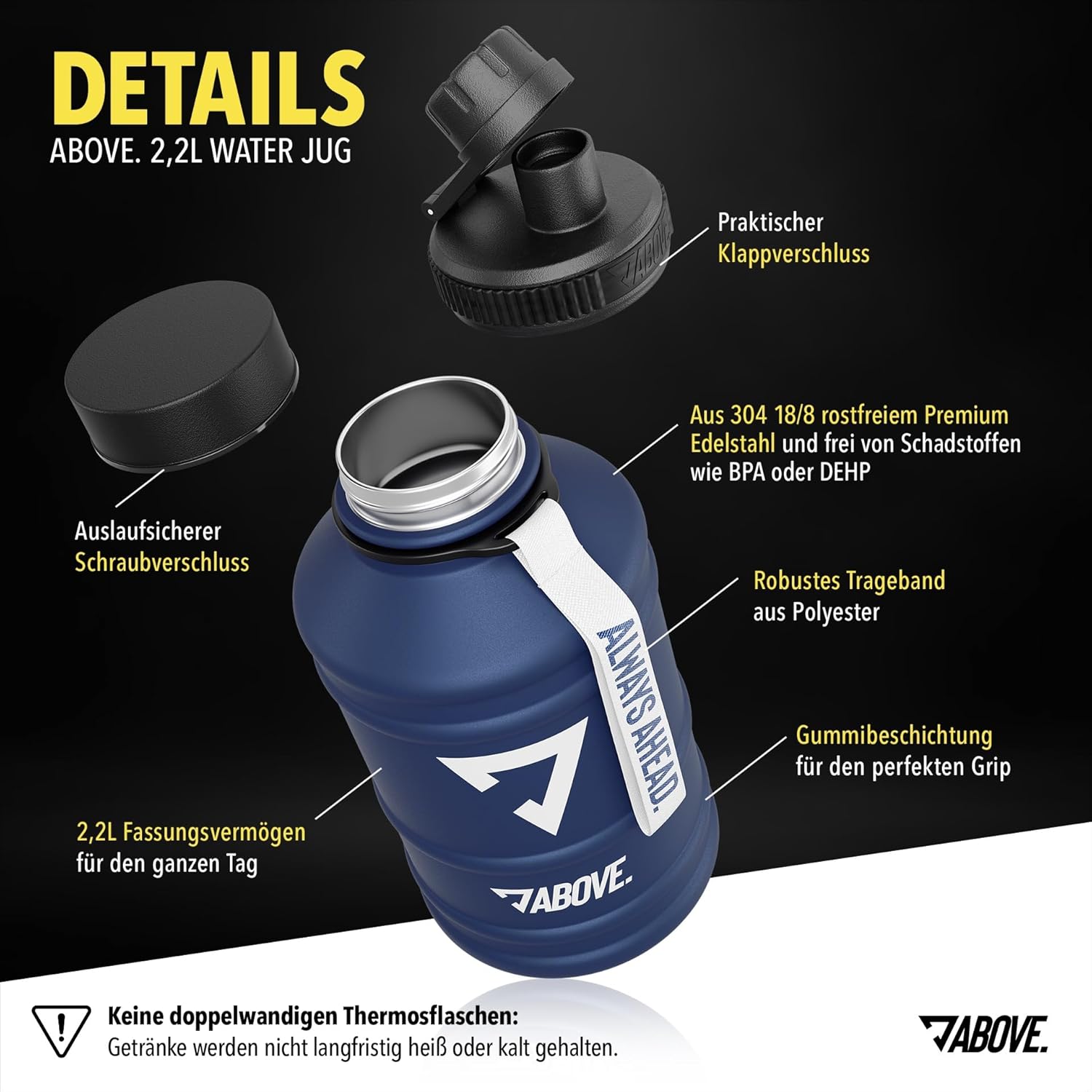 ABOVE Trinkflasche Edelstahl 2,2L blau Fitness Sport Outdoor