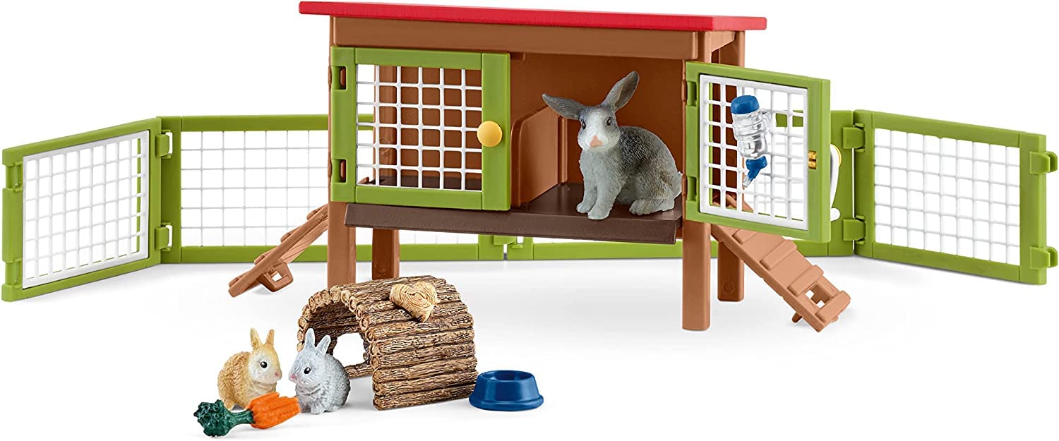 schleich 42420 FARM WORLD Kaninchenstall, 16 Teile Spielset mit 3 Kaninchen Tierfiguren, Stall und Zubehör, Spielzeug für Kinder ab 3 Jahren