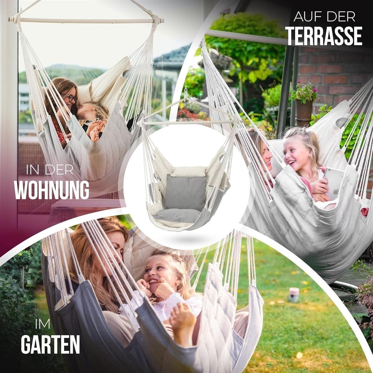 Hängesessel, Baumwollstoff, Grau-beige, Mit Sitzkissen, Indoor und Outdoor