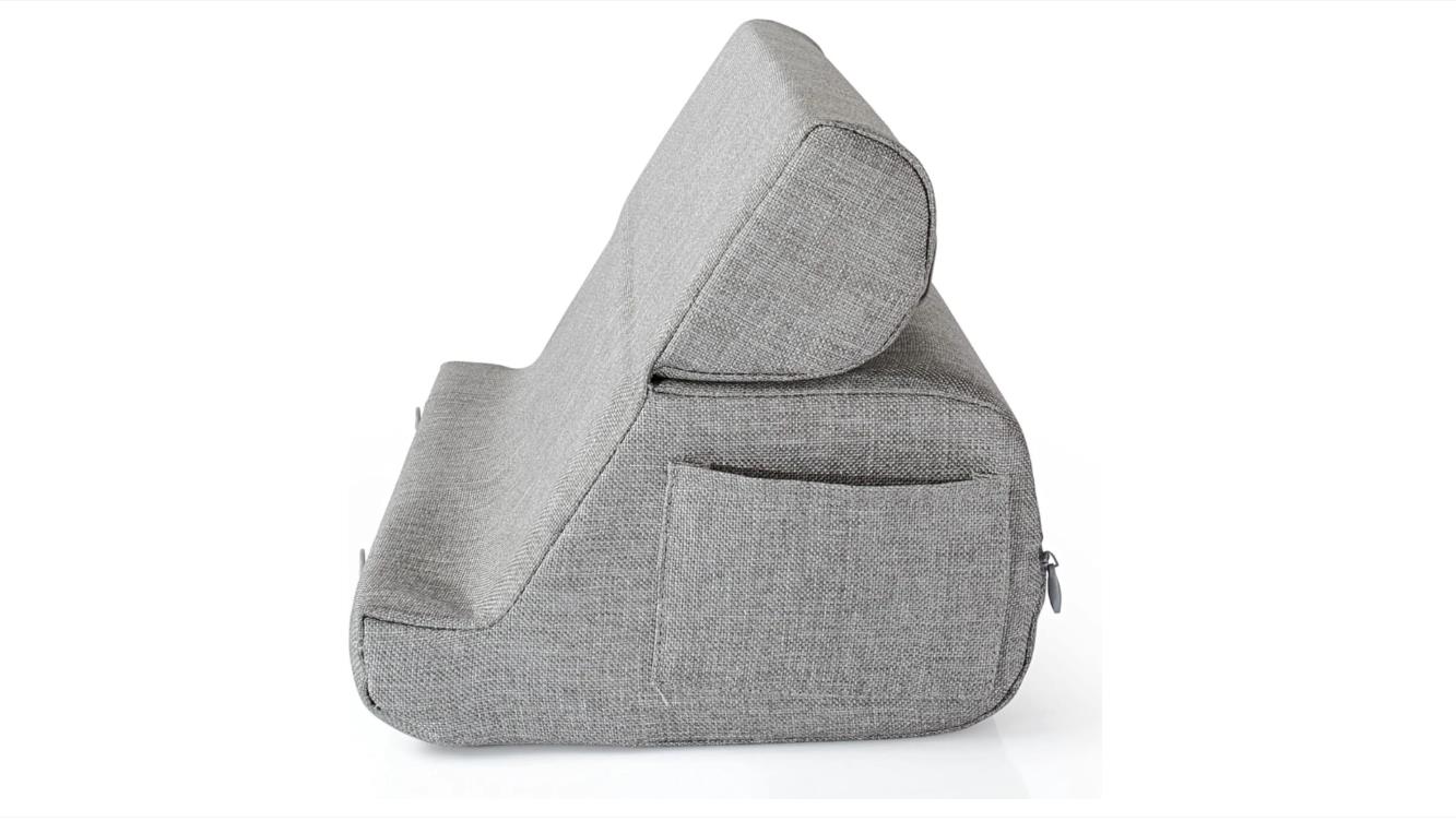 Weiches graues Tabletkissen bis 12,9 Zoll mit Haltekante Seitentasche faltbar 32,5x20x11 cm